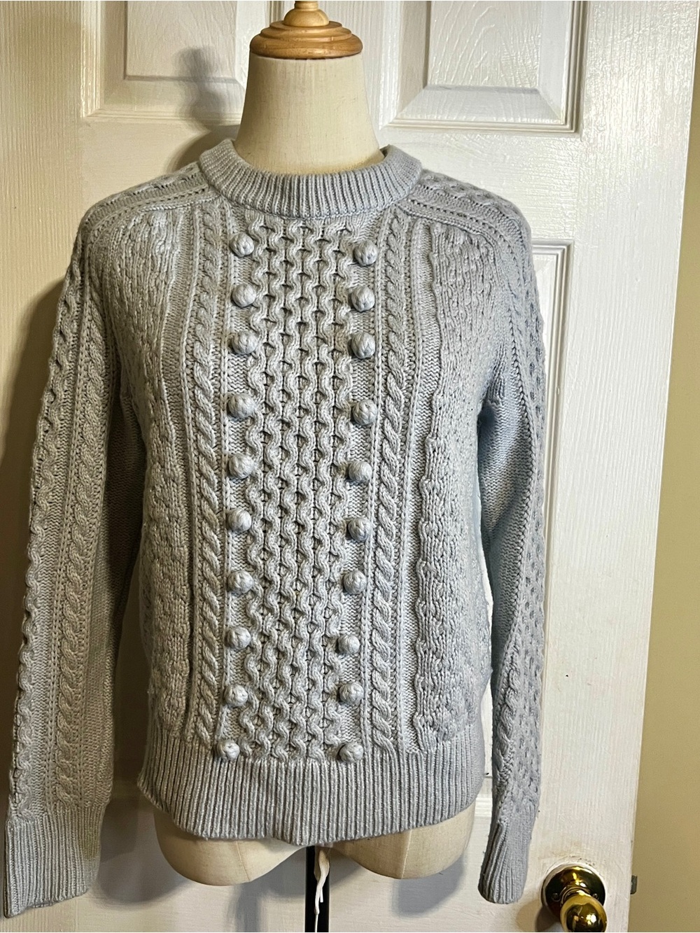 J Crew Wms Pale Blue Wool Blend Cable Fisherman Popcorn Knit Crew Neck Sweater S